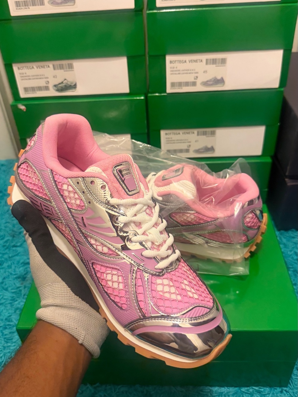 Bottega Veneta Pink Mesh & Metallic Accent Men's Sneaker